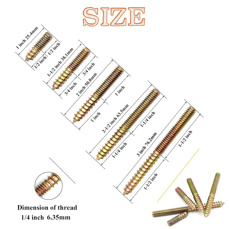 Matrelt 40 Pack 1/4-20" Hanger Bolts 5Sizes 1-3 Inch Double Headed Bolts Wood Dowel Screw Self-Tapping Screw for Wood Furniture Double Threaded Rods Bolt - Image 2